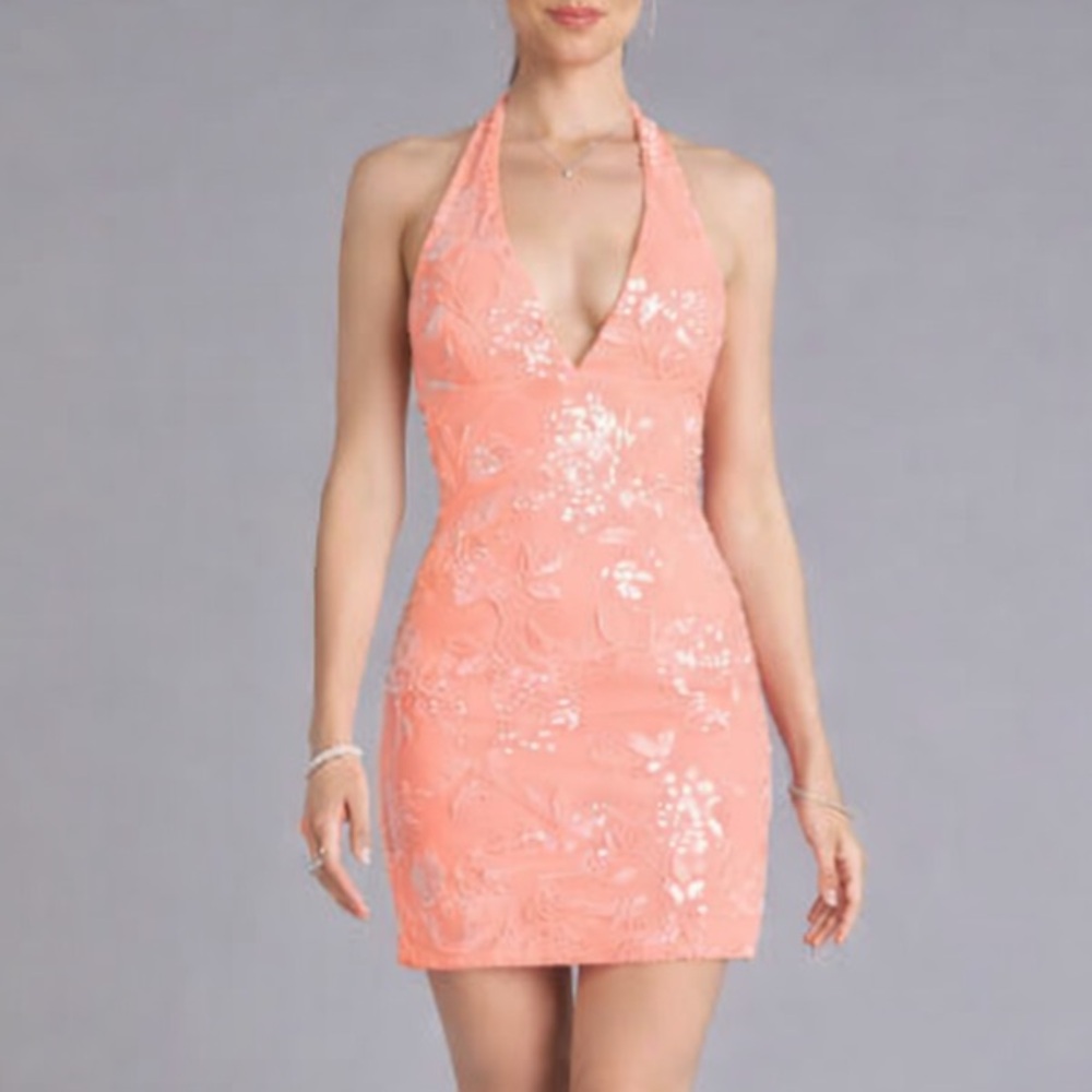 Pink Halter Neck Floral Bead Sequin Dress